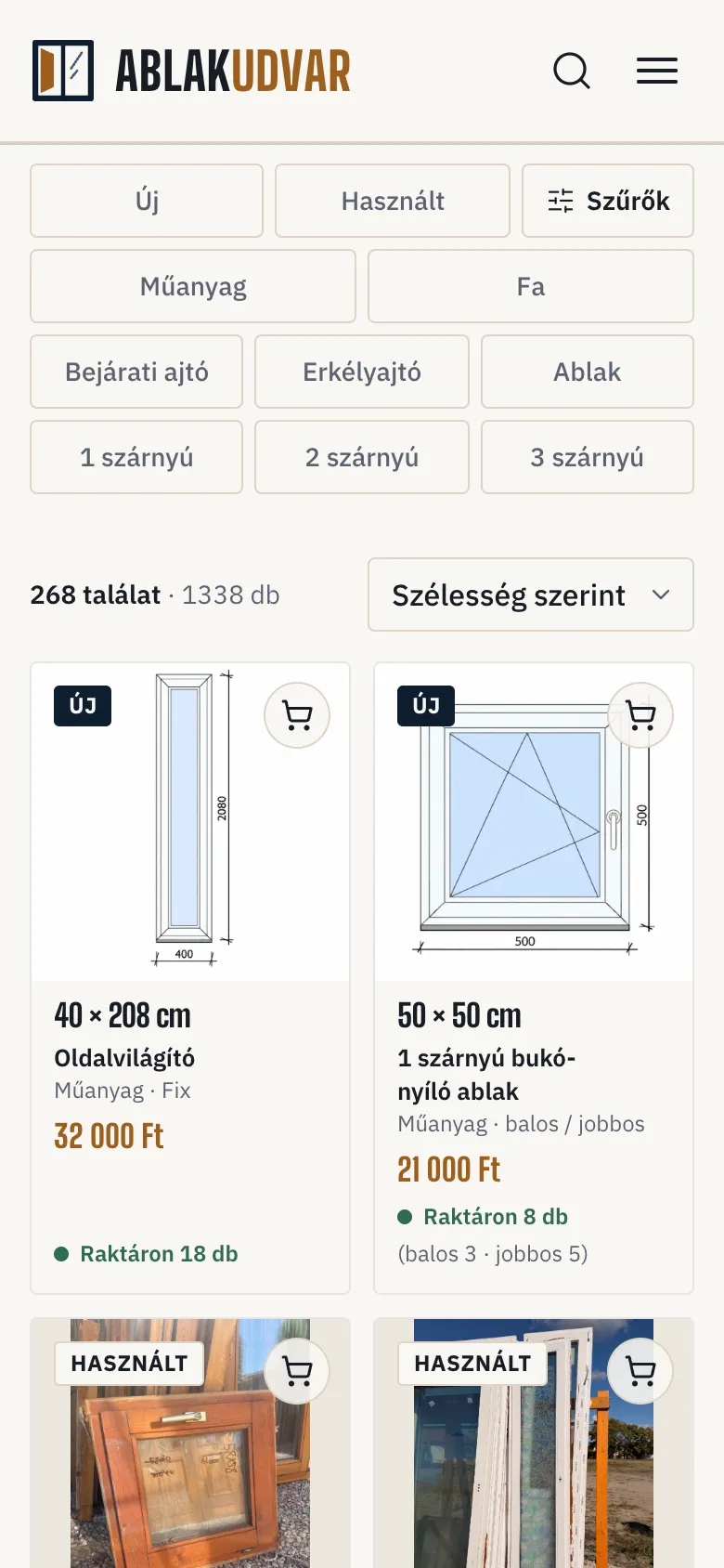 Az ablakudvar.hu készletoldala telefonon, szűrőkkel és raktári darabszámmal
